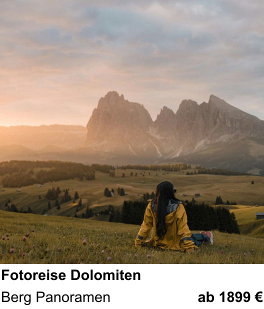 Atmosphärischer Fotoworkshop für Aufnahmen zu Fotoreise Dolomiten: Berg Panoramen